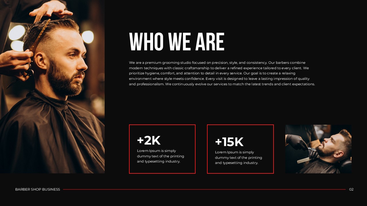 Barber Shop Business Template - two-column about us slide with +2K and +15K stat boxes on black background