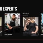 Barber Shop Team Template - four-column portrait gallery introducing barbers with names and roles on black background