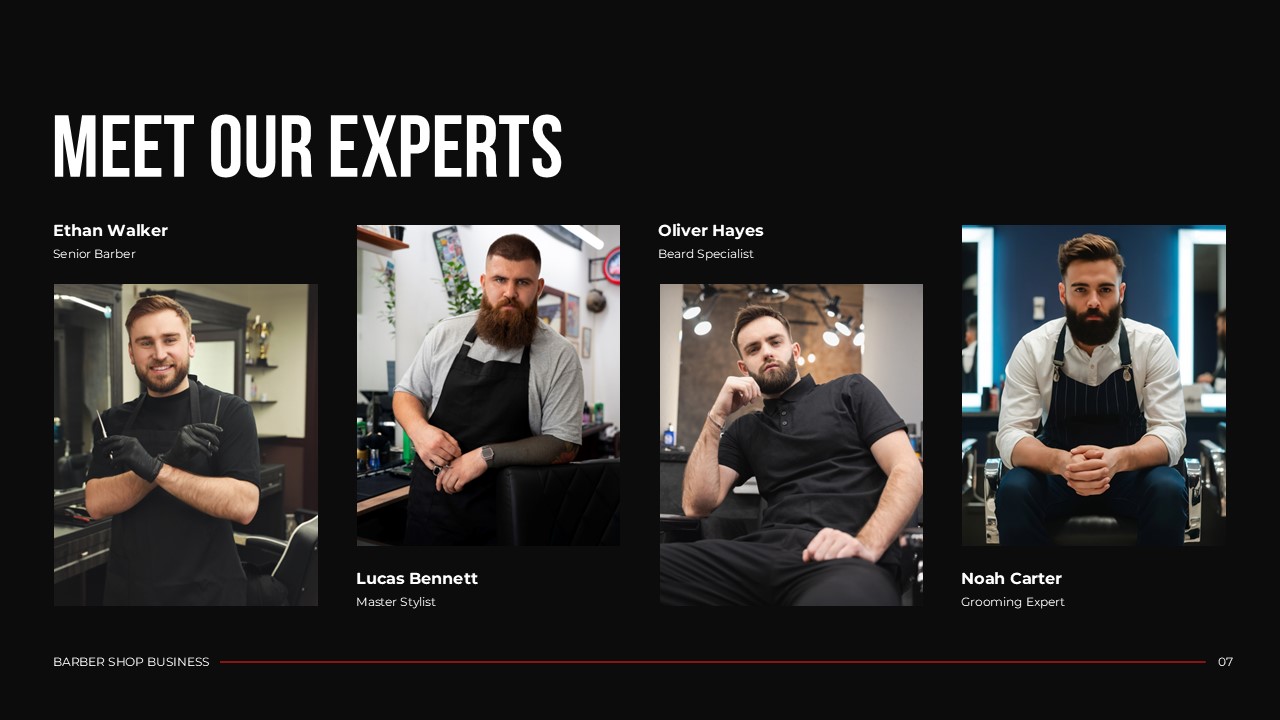 Barber Shop Team Template - four-column portrait gallery introducing barbers with names and roles on black background