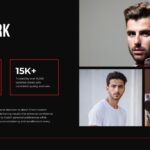 Barber Shop Portfolio Template - stats slide with 2K+ and 15K+ red-bordered boxes beside a three-photo grooming gallery