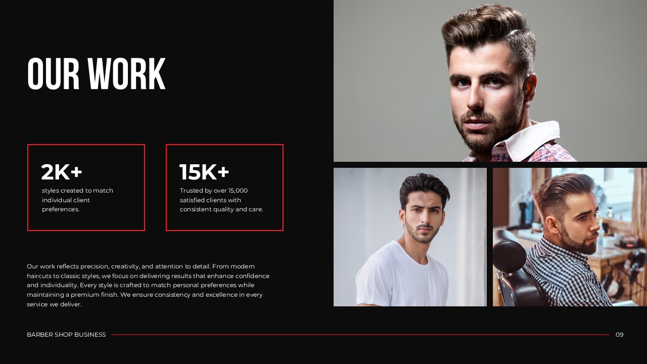 Barber Shop Portfolio Template - stats slide with 2K+ and 15K+ red-bordered boxes beside a three-photo grooming gallery