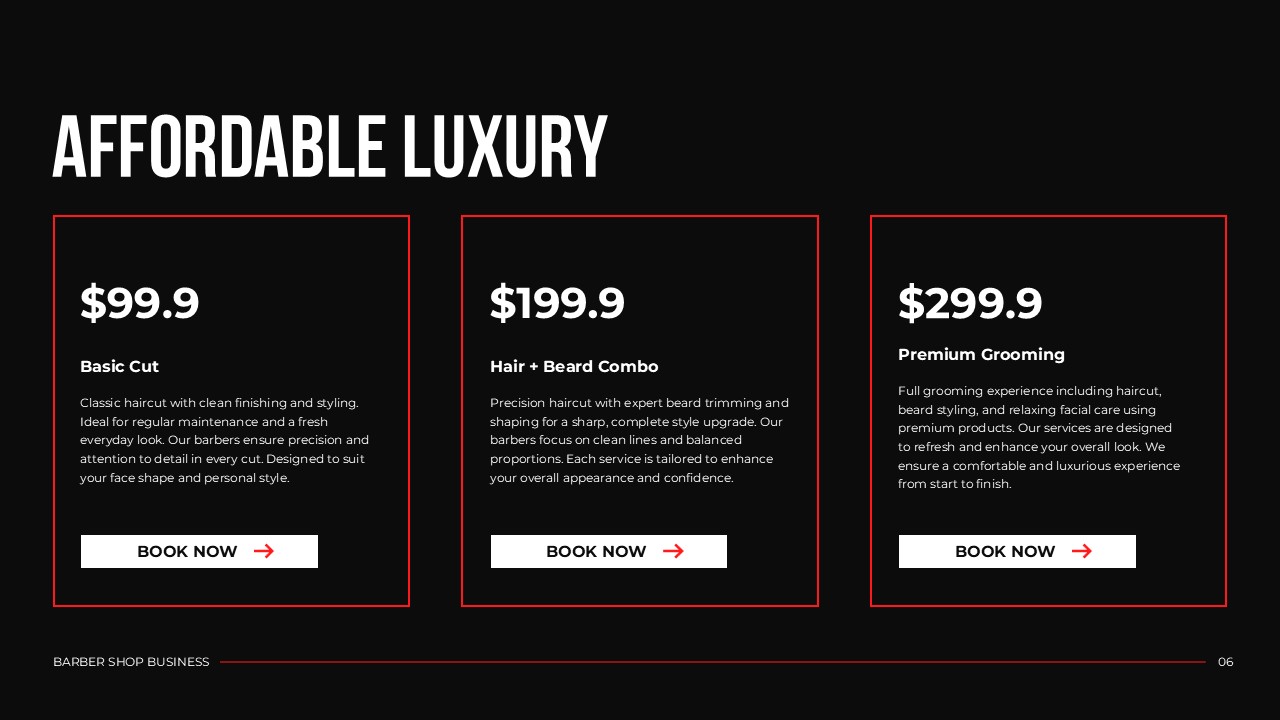 Barber Shop Pricing Template - three red-bordered pricing cards for Basic Cut, Hair+Beard Combo, and Premium Grooming