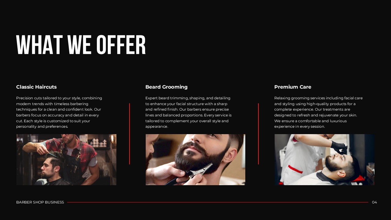 Barber Shop Services Template - three-column layout for Classic Haircuts, Beard Grooming, and Premium Care