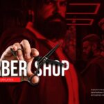 Barber Shop Business Template - dark cover slide with scissors photo, bold title, and red accent banner