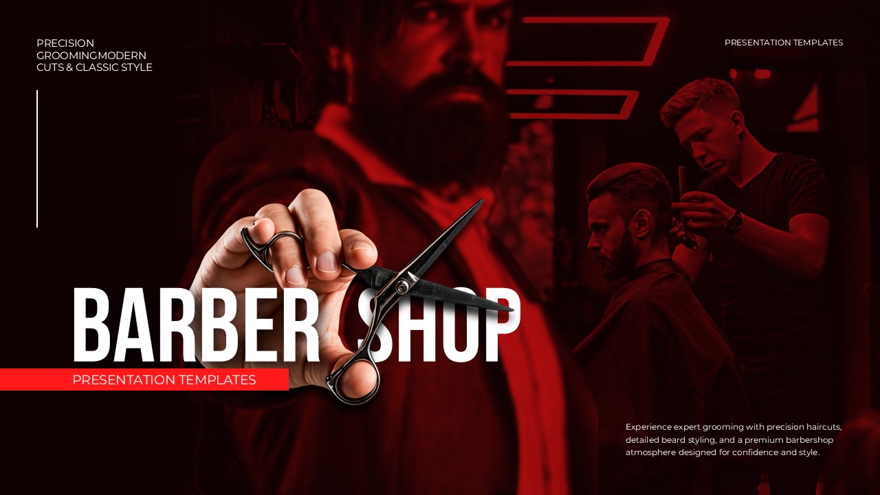 Barber Shop Business Template - dark cover slide with scissors photo, bold title, and red accent banner