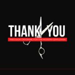 Barber Shop Closing Template - bold THANK YOU slide with red banner tagline and scissors photo overlay on black
