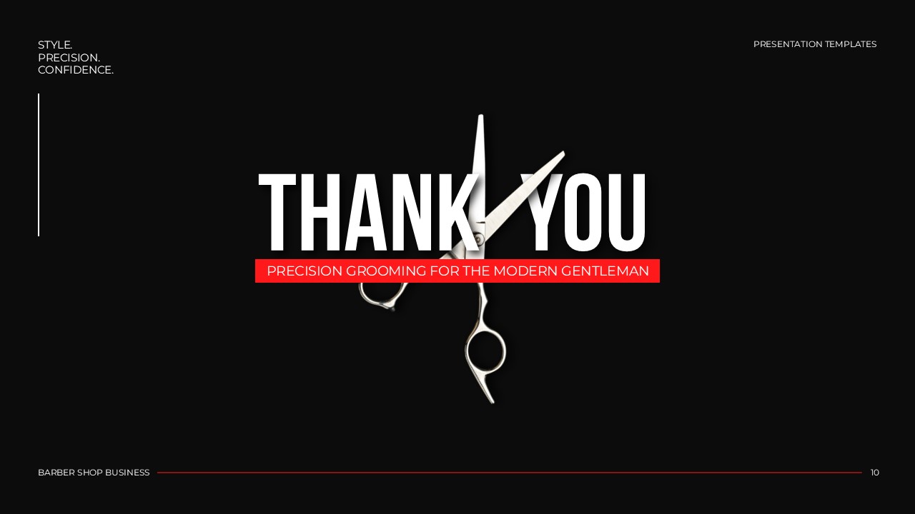 Barber Shop Closing Template - bold THANK YOU slide with red banner tagline and scissors photo overlay on black