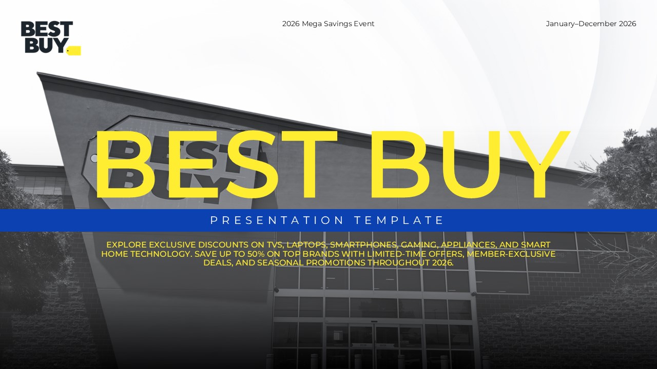 Best Buy Google Slides Template - Four-pillar campaign overview layout with yellow accents and editorial grid design