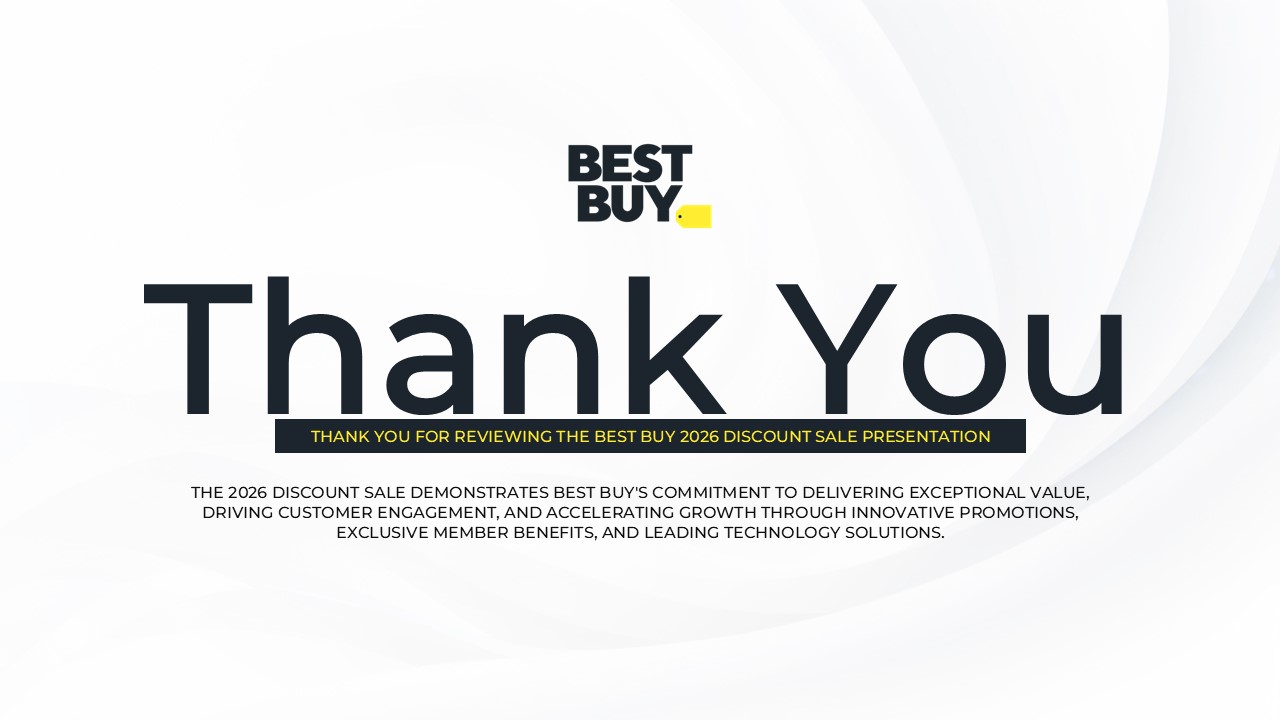 Best Buy Template Thank You - Clean closing slide with logo, appreciation message, and yellow accent bar