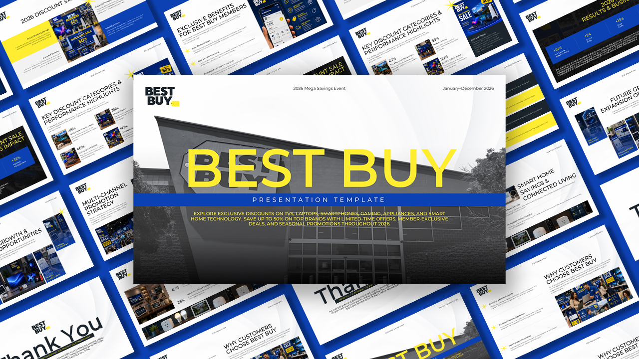 Best Buy Template - Bold cinematic cover slide with yellow headline over monochrome store exterior photo