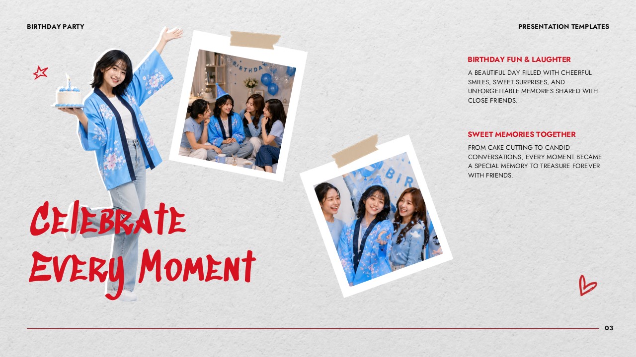 Birthday Party Template - Content slide to highlight key party themes with photos and text