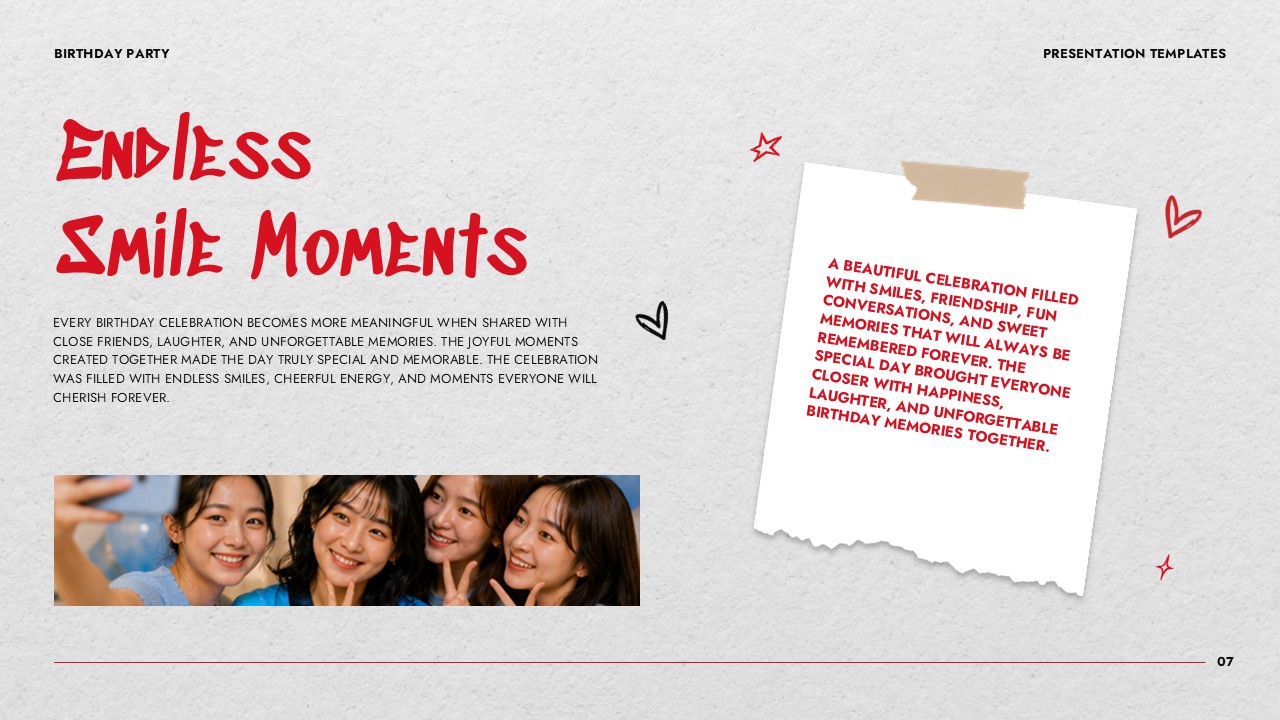 Birthday Party Template - Narrative slide to convey the emotional highlights of the celebration