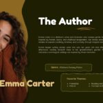 Children's Book Illustration Template - author bio slide with portrait photo, gold text, and genre badge on dark green