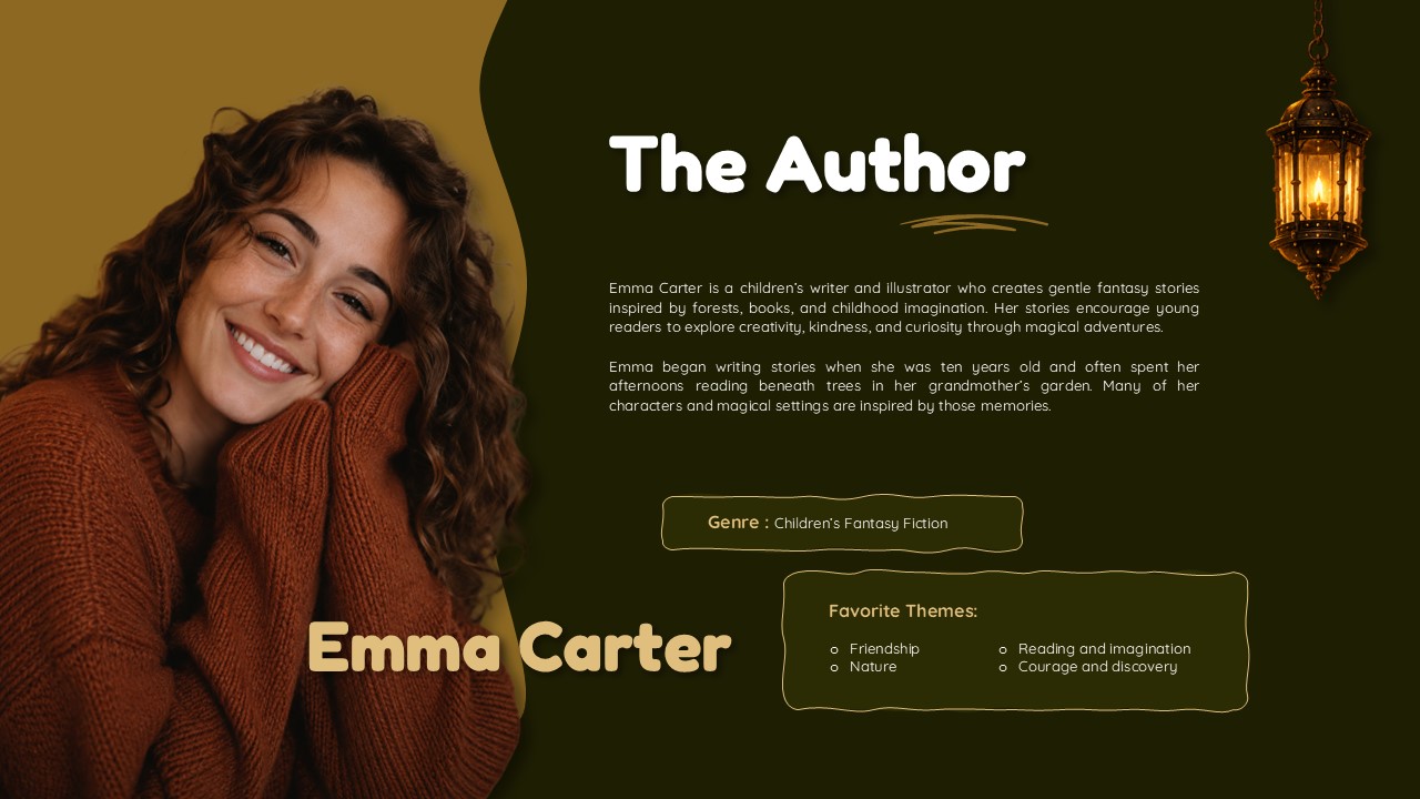 Children's Book Illustration Template - author bio slide with portrait photo, gold text, and genre badge on dark green