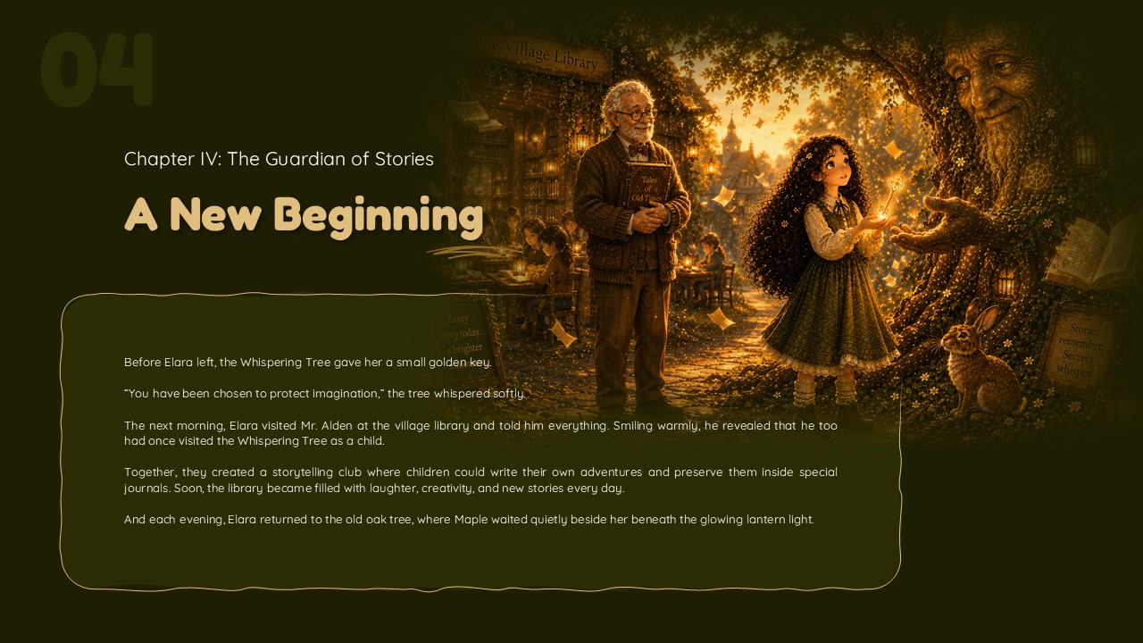 Children's Book Illustration Template - Chapter 4 closing story slide with golden key scene and multiple fantasy characters