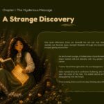 Children's Book Illustration Template - Chapter 1 story slide with girl reading scene and golden narrative text box