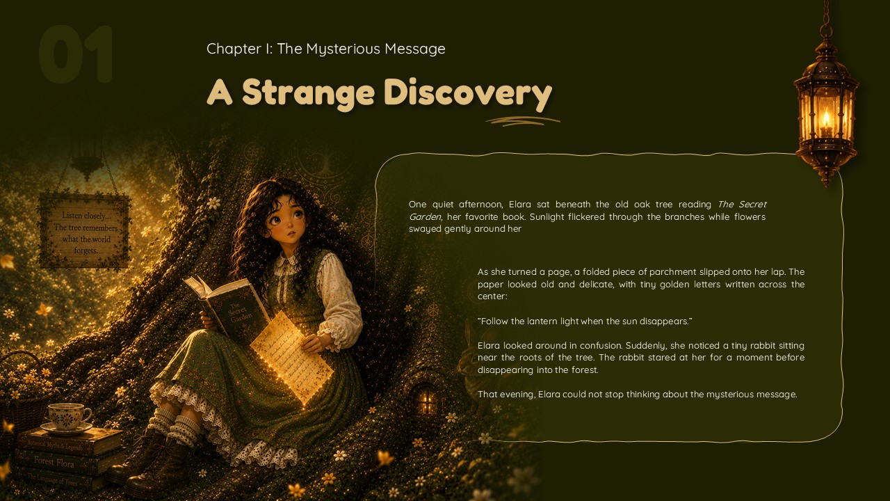Children's Book Illustration Template - Chapter 1 story slide with girl reading scene and golden narrative text box