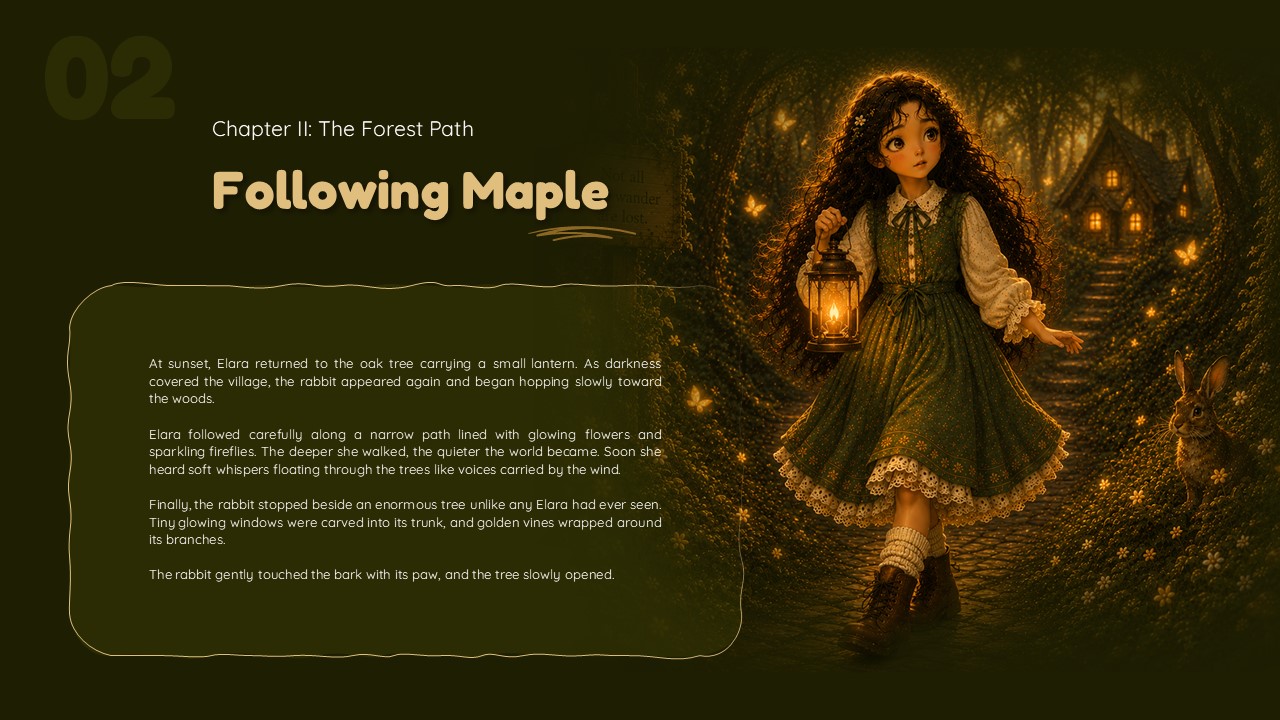 Children's Book Illustration Template - Chapter 2 slide with girl and rabbit following lantern light through magical forest