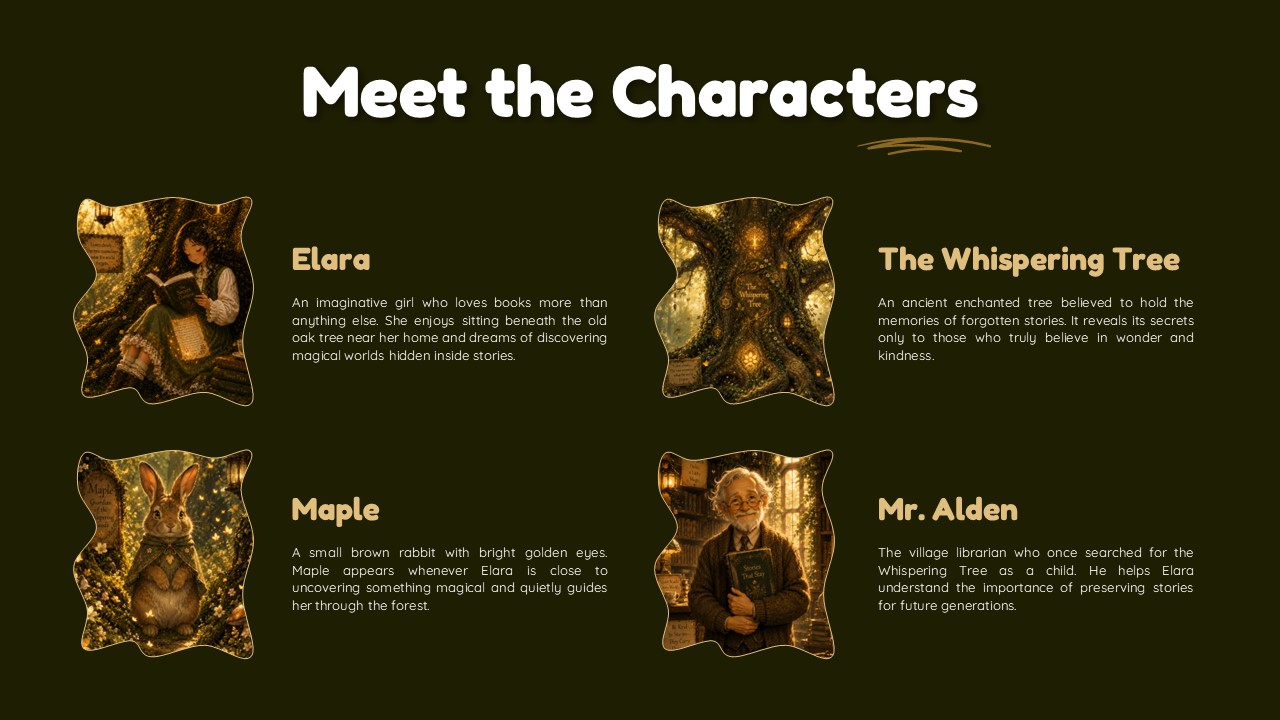 Children's Book Illustration Template - character grid slide with four fantasy profiles and golden storybook portraits