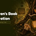 Children's Book Illustration Template - cover slide with girl reading under a glowing enchanted oak tree