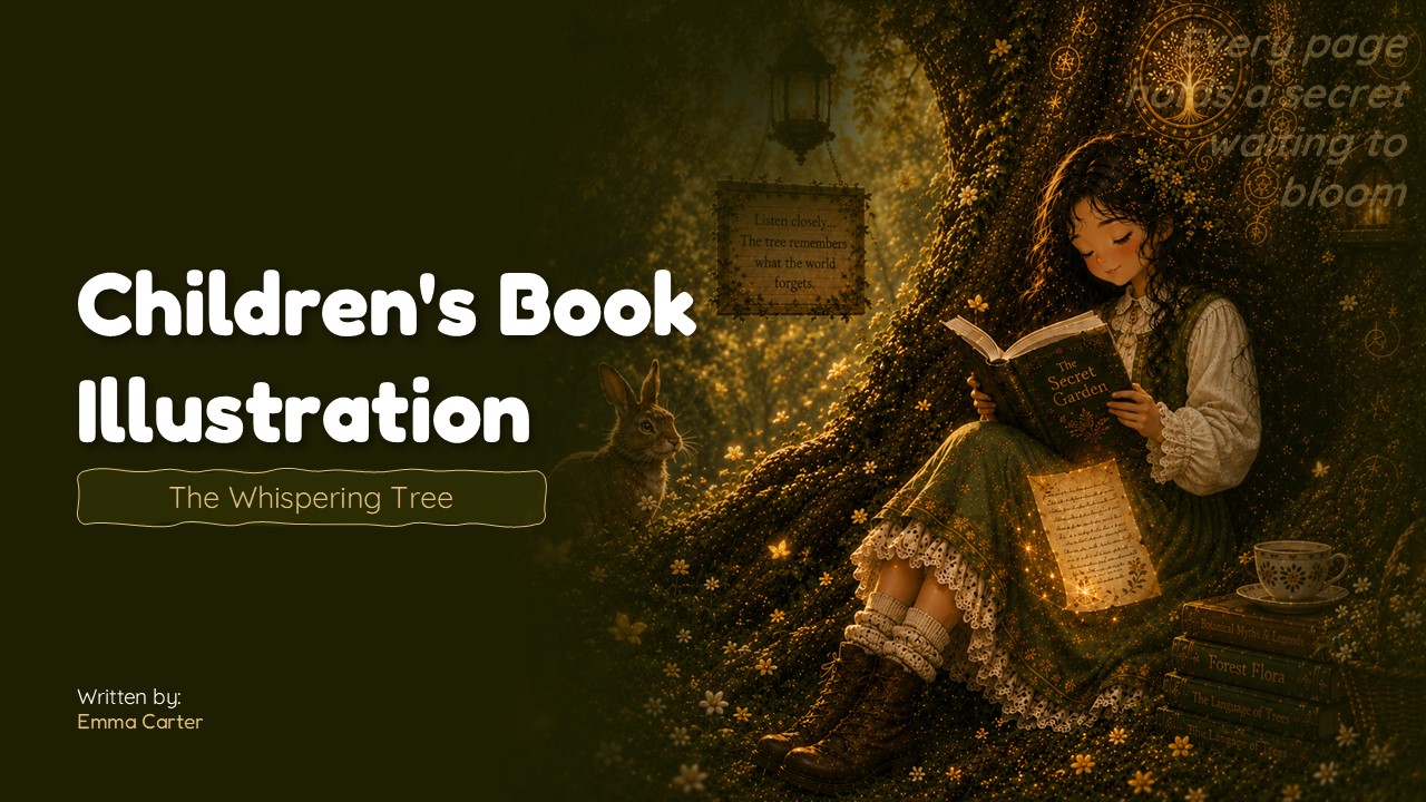 Children's Book Illustration Template - cover slide with girl reading under a glowing enchanted oak tree