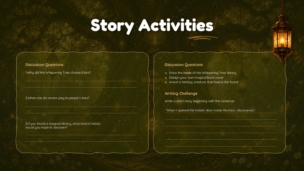 Children's Book Illustration Template - story activities slide with discussion questions and creative writing prompt lines