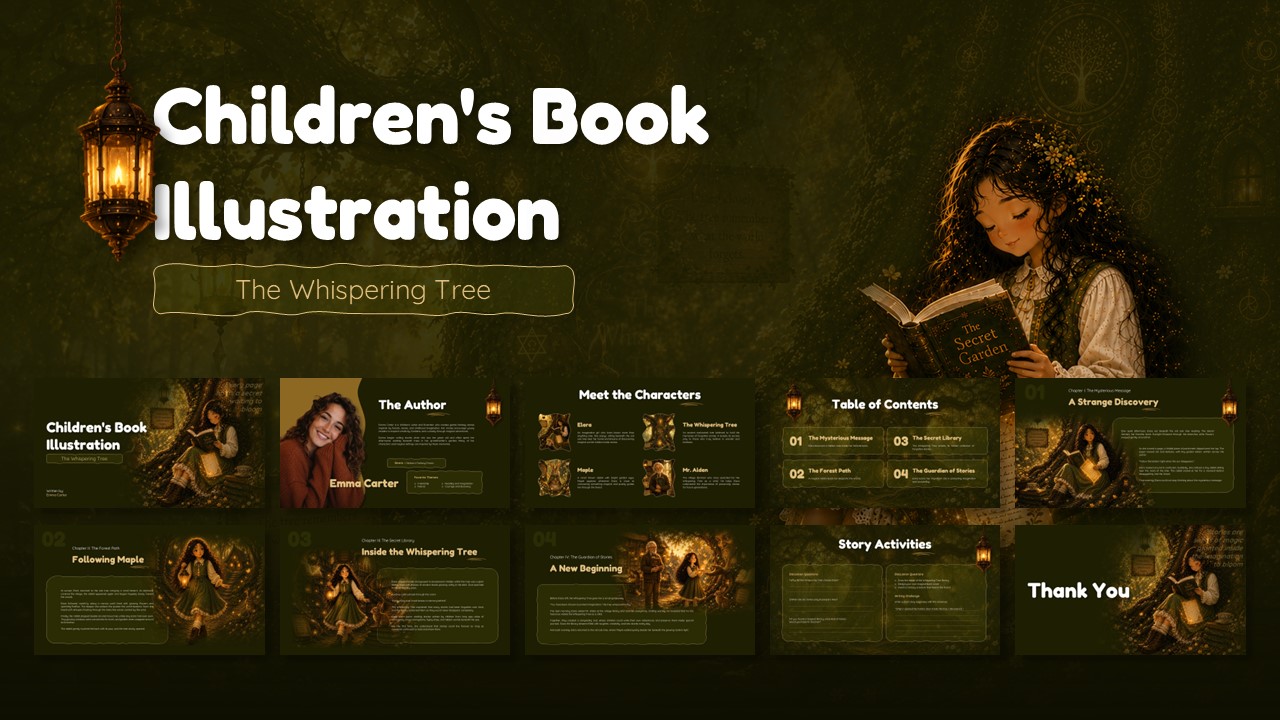Children's Book Illustration Template - grid preview of 10 enchanted forest slides with lanterns and storybook design