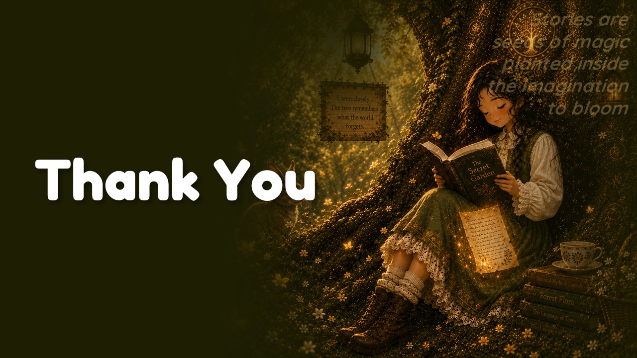 Children's Book Illustration Template - thank you closing slide mirroring cover with enchanted tree reading scene