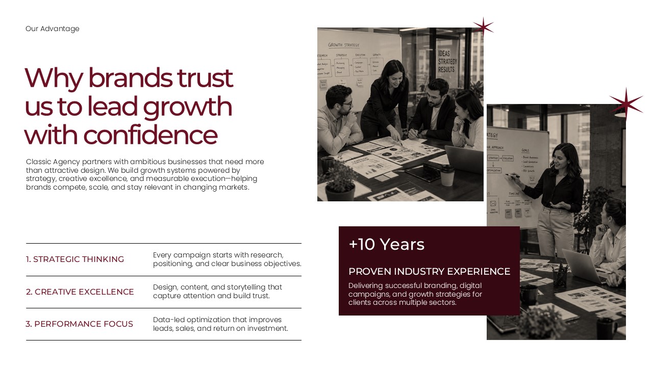 Our Advantage Slide - Strategic thinking, creative excellence, performance focus