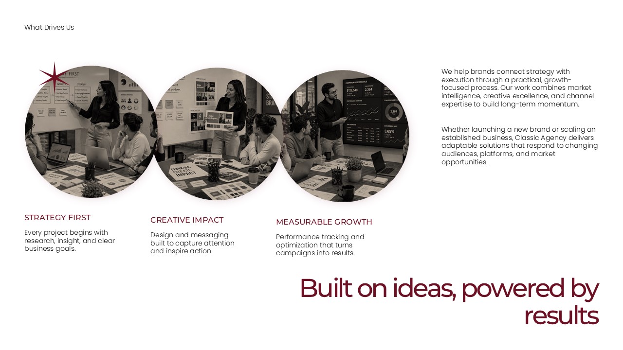 What Drives Us Slide - Strategy first, creative impact, measurable growth