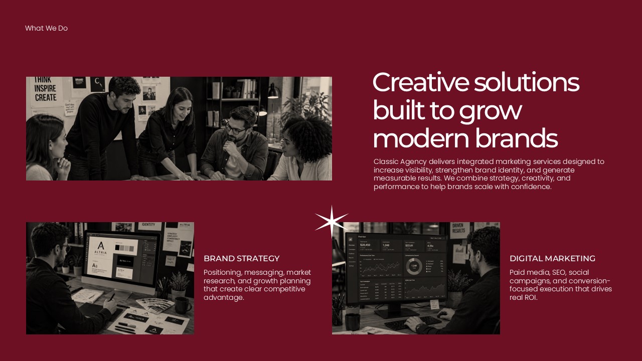 What We Do Slide - Creative solutions for brand strategy and digital marketing