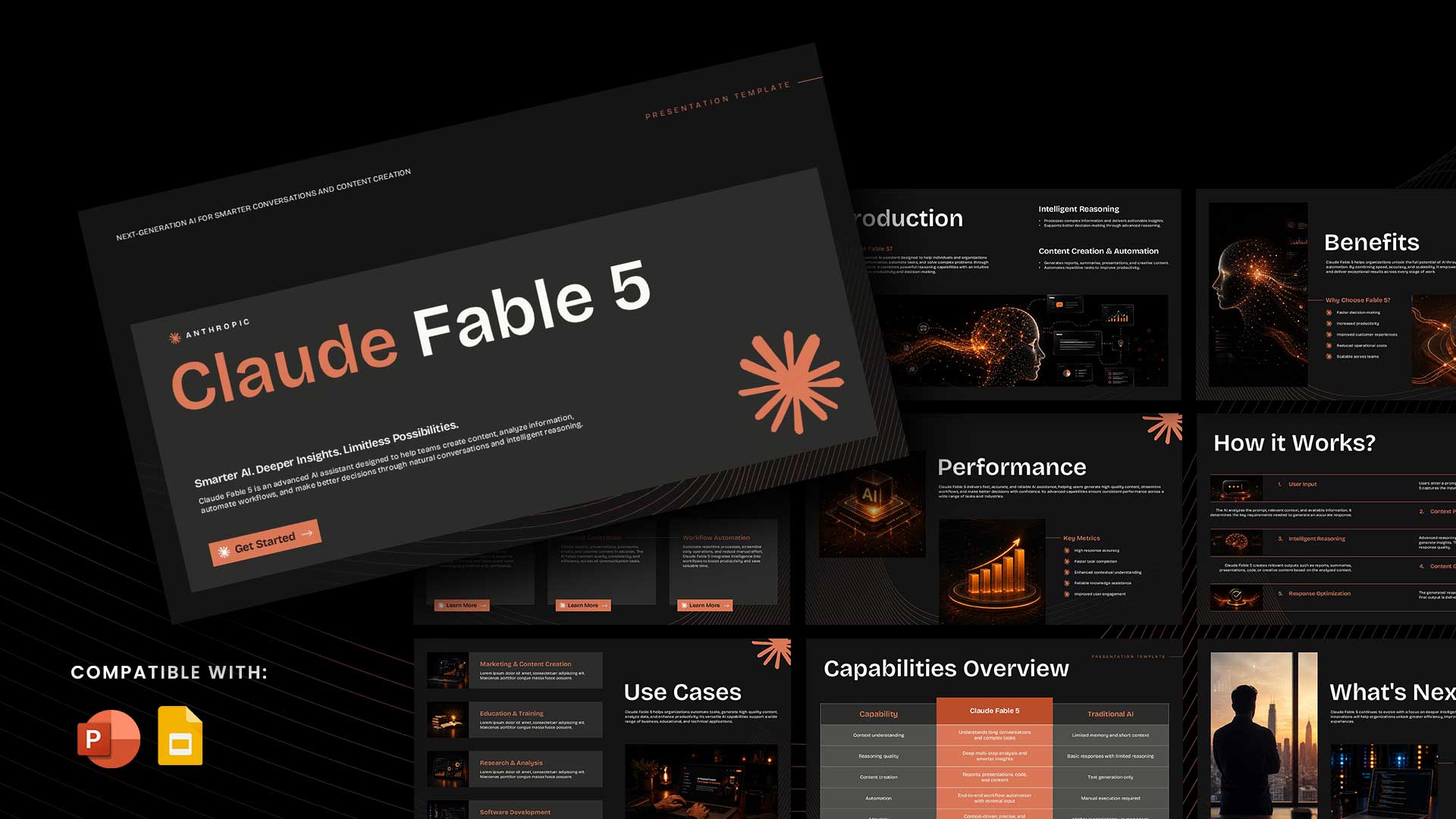 Claude Fable 5 Template - 10-slide dark-theme AI presentation for Google Slides and PowerPoint