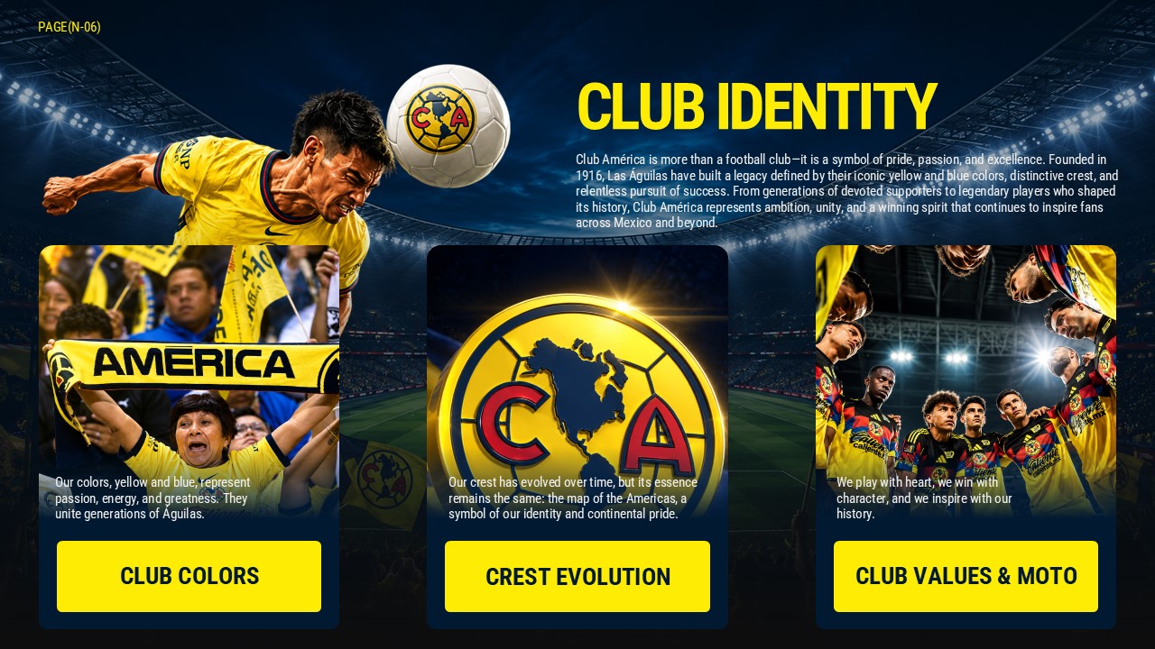 Club America Club Identity Slide - Three card layout covering colors, crest evolution, and club values