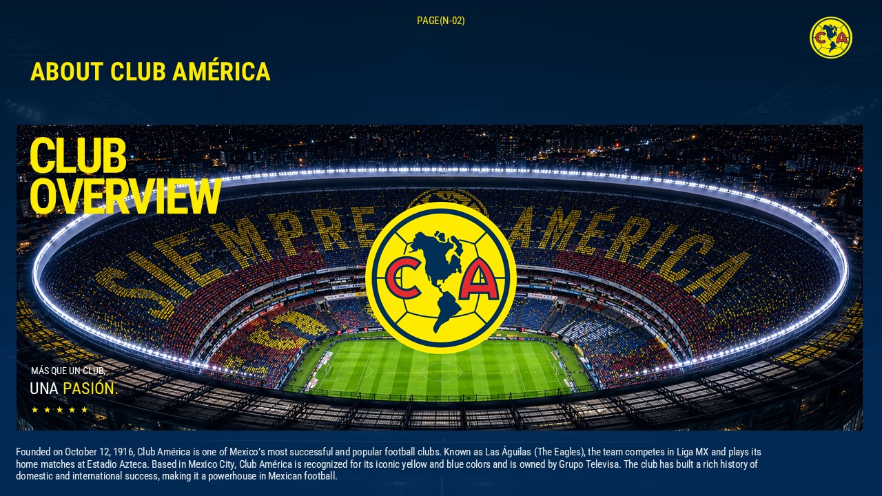 Club America Club Overview Slide - Estadio Azteca aerial photo with crest and Spanish tagline