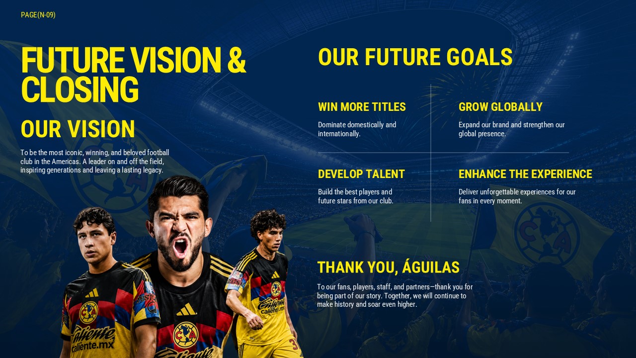 Club America Future Vision Slide - Four goals grid with vision statement and player cutouts