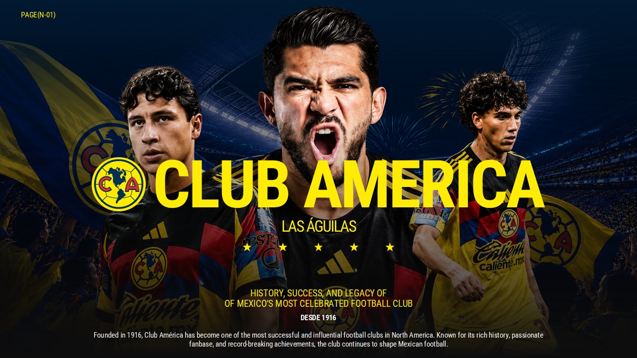 Club America Google Slides Template - Hero title slide with player cutouts and bold yellow typography