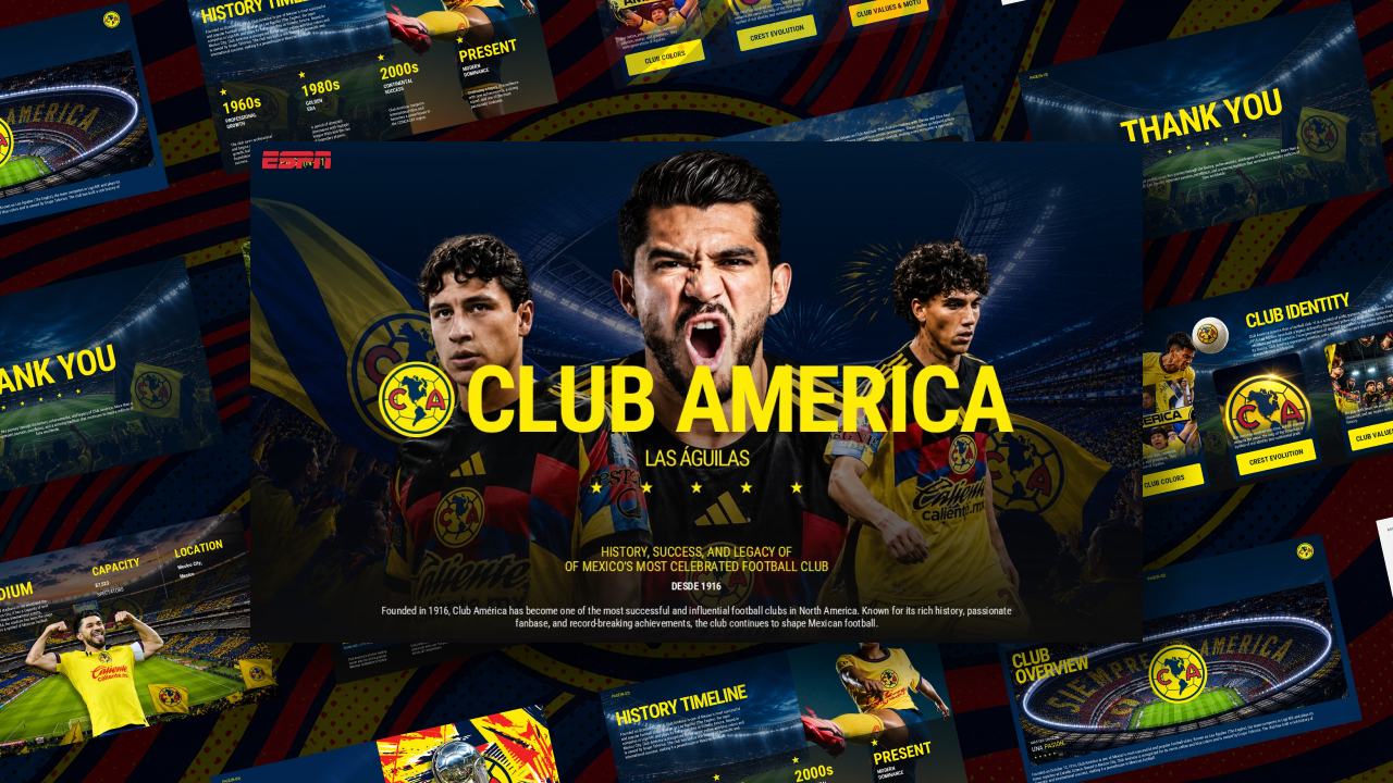 Club America Template - Full deck preview with navy blue and gold ESPN-style sports slides