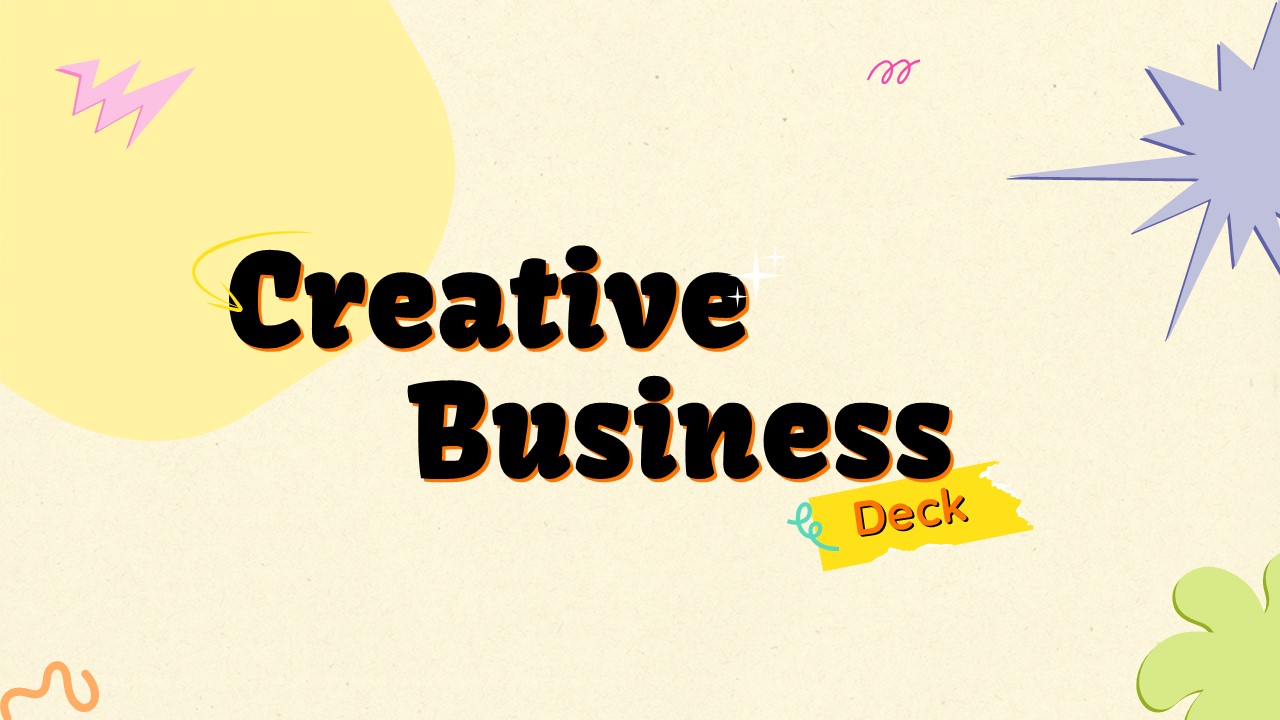Creative Business Pitch Deck Template - Clean title slide with playful organic shapes and lightning bolt graphics