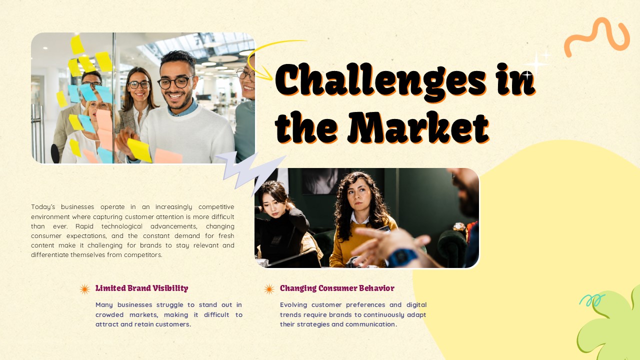Creative Business Market Challenges Template - Dynamic team photos showcasing brand visibility and consumer behavior issues