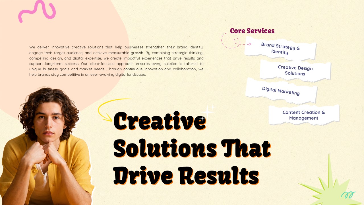 Creative Business Solutions Template - Thoughtful professional portrait with organized service buttons and offerings