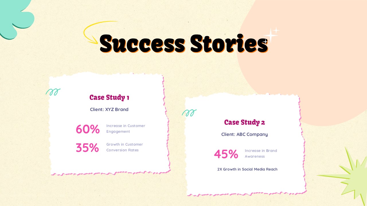 Creative Business Success Stories Template - Side-by-side case studies with impressive growth metrics and results
