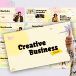 Creative Business Pitch Deck Template - Vibrant collage showcasing 11 slides with energetic thumbs-up presenter