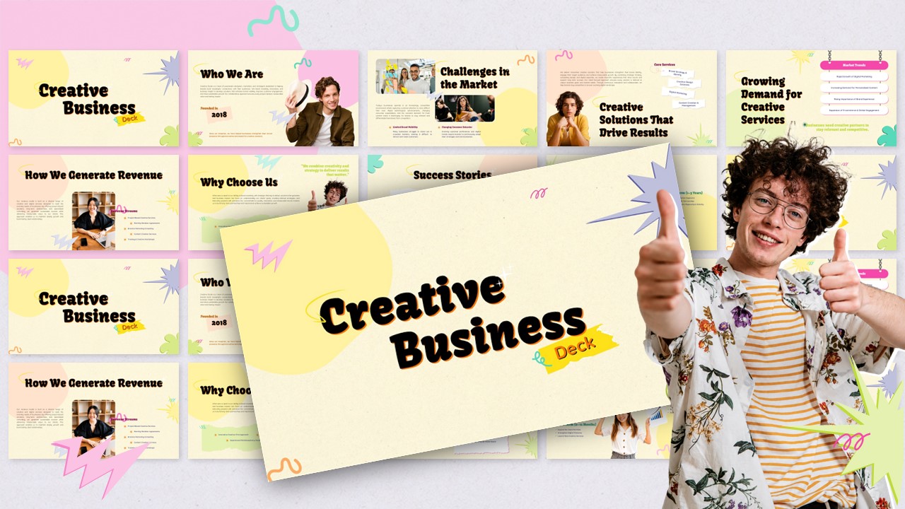 Creative Business Pitch Deck Template - Vibrant collage showcasing 11 slides with energetic thumbs-up presenter