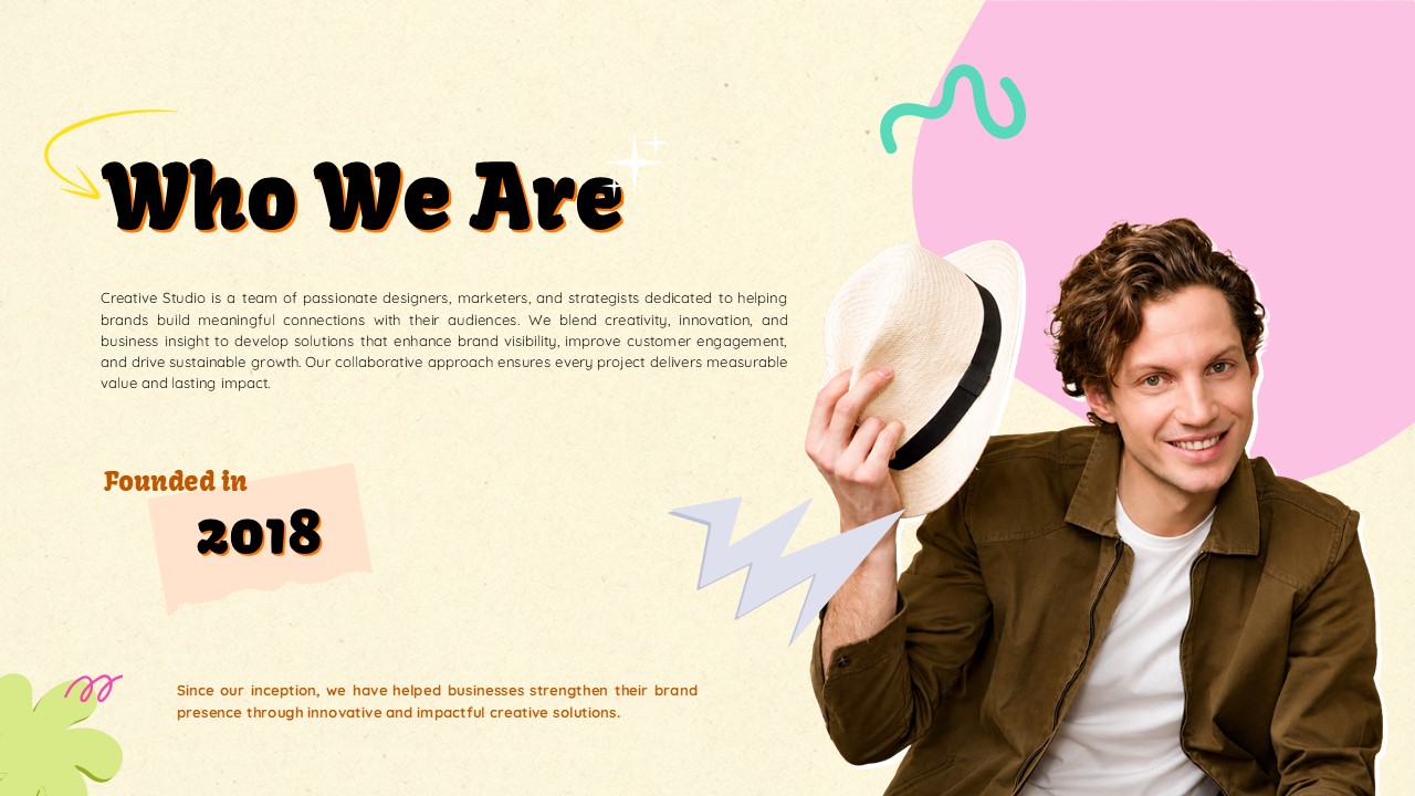 Creative Business Who We Are Template - Professional portrait paired with company story and founding date highlight