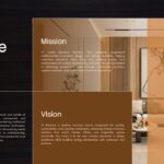 Dark Wood Texture Company Overview Slide - Mission, vision, and key stats like 25K customers on amber-toned grid layout