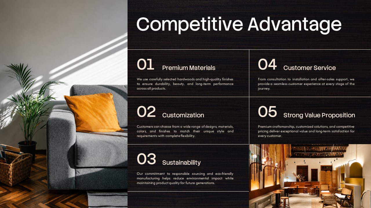 Dark Wood Texture Competitive Advantage Slide - Five numbered USPs in editorial grid with living room and hospitality photos