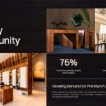 Dark Wood Texture Industry Opportunity Slide - 75% and 65% market stats with showroom photography on dark wood background