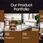 Dark Wood Texture Product Portfolio Slide - Four-category mosaic grid showcasing living room, dining, bedroom, and office furniture