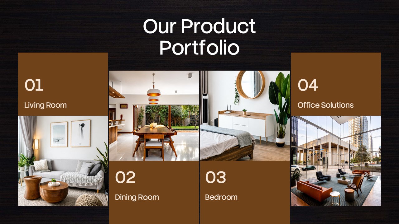 Dark Wood Texture Product Portfolio Slide - Four-category mosaic grid showcasing living room, dining, bedroom, and office furniture