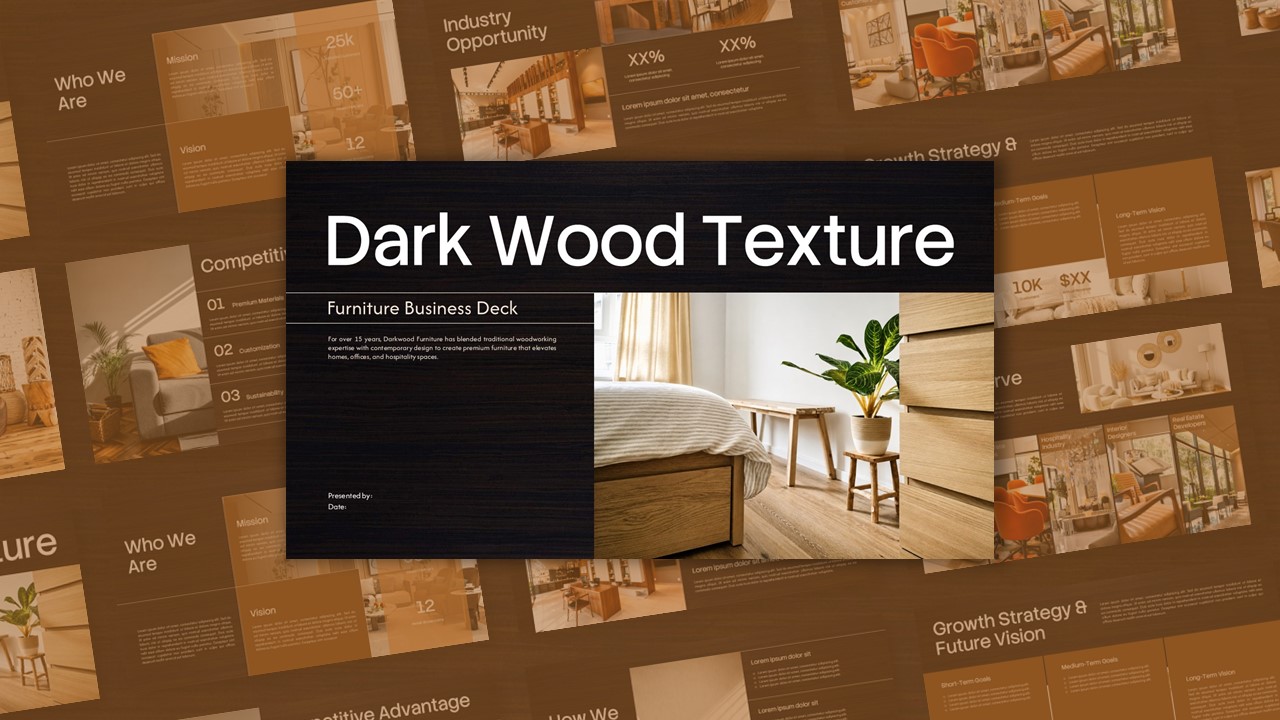 Dark Wood Texture Furniture Business Deck - Full 11-slide premium deck preview with ebony wood and warm amber tones